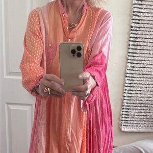 Women’s Midi Patchwork Pink & Orange Dress Silk Oversized Inner Pockets